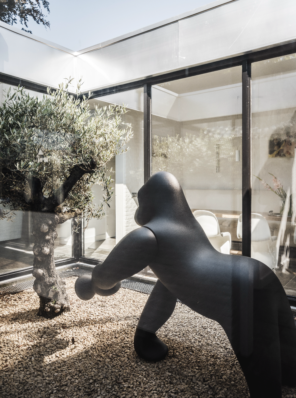 Gorilla sculpture in glass courtyard
