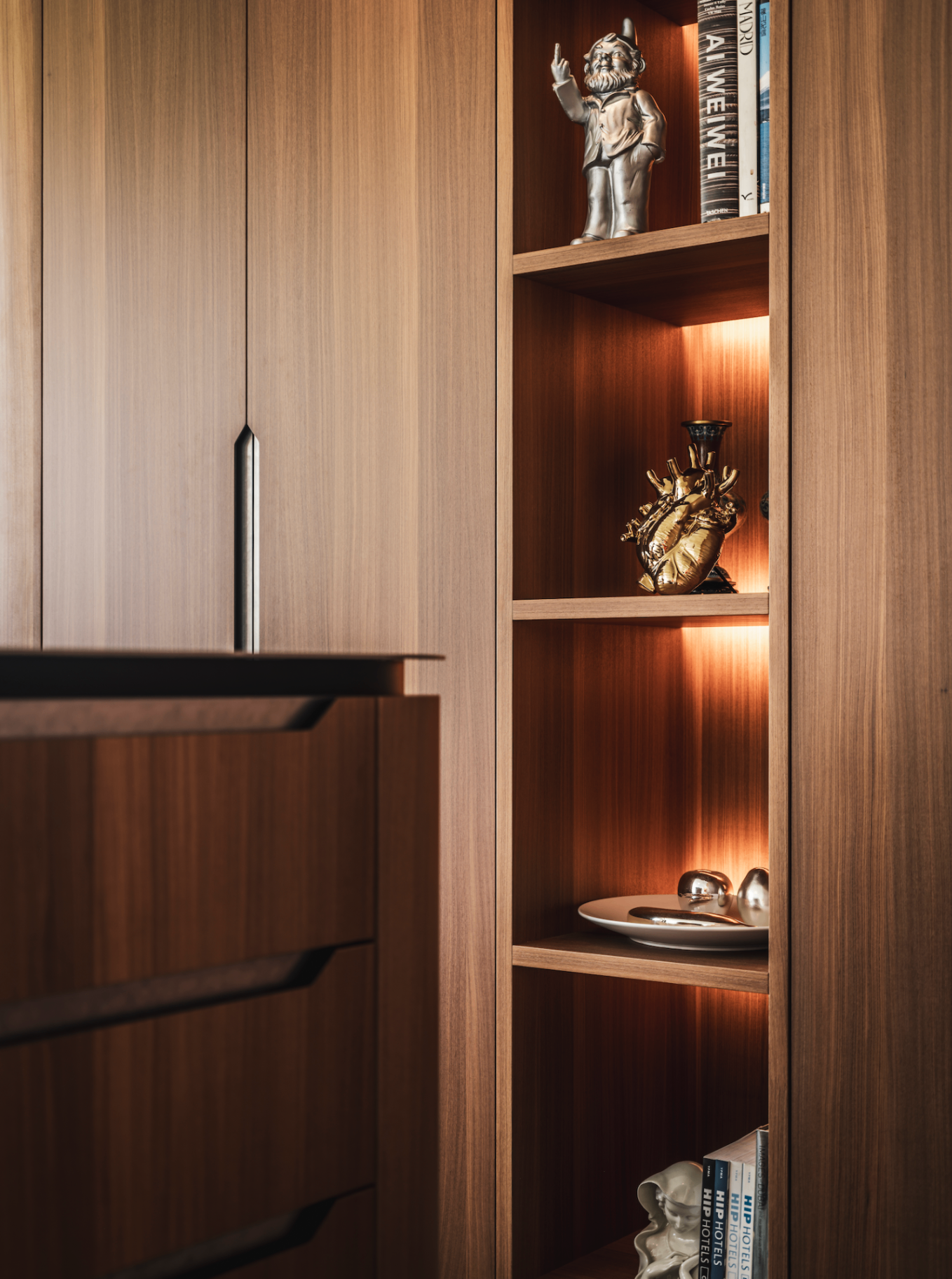 Walnut shelving with curated objects